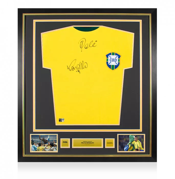 Ronaldo & Pele Official FIFA World Cup™ Front Signed and Framed Retro Brazil Home Shirt