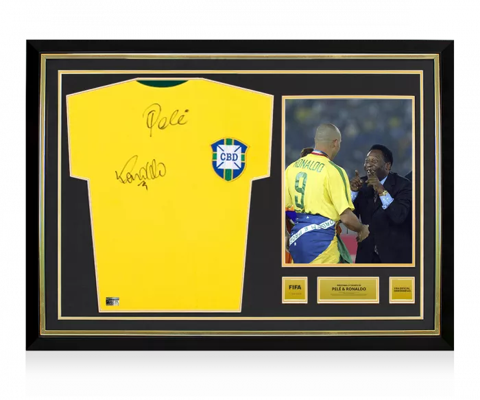 Ronaldo & Pele Official FIFA World Cup™ Front Signed And Hero Framed Retro Brazil Home Shirt