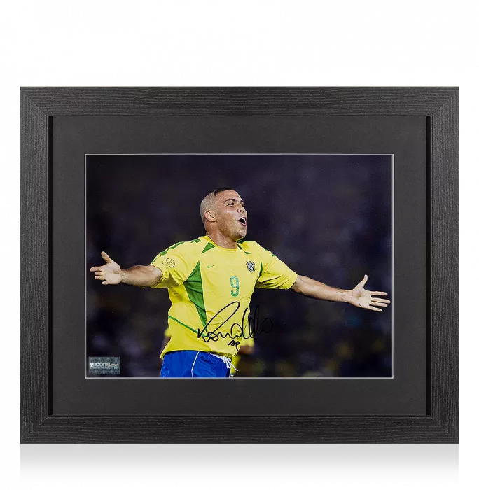 Ronaldo Signed Brazil Photo In Black Wooden Frame: 2002 FIFA World Cup Final Goal