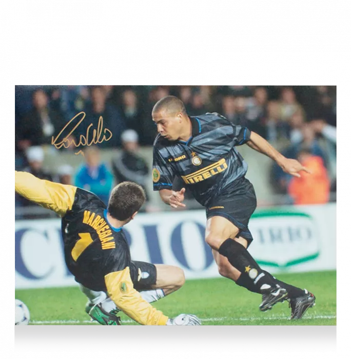 Ronaldo Signed Internazionale Photo In Black Wooden Frame: 1998 UEFA Cup Final Goal