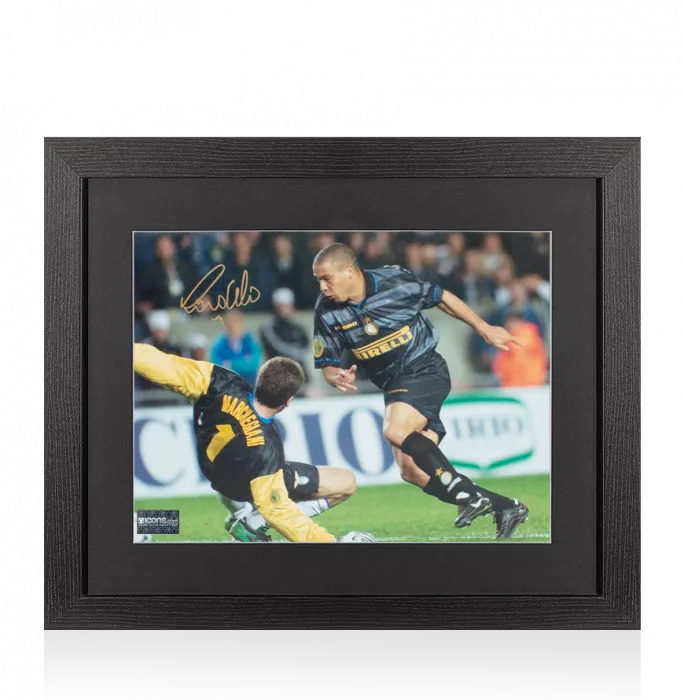 Ronaldo Signed Internazionale Photo In Black Wooden Frame: 1998 UEFA Cup Final Goal