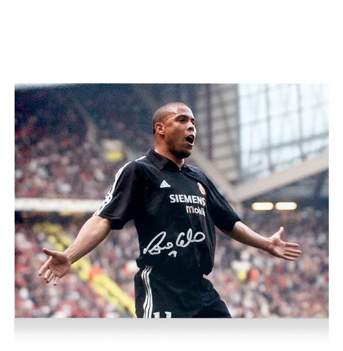 Ronaldo Signed Real Madrid CF Photo In Black Wooden Frame: Iconic Old Trafford Hat-trick