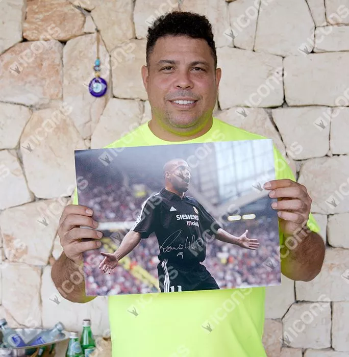 Ronaldo Signed Real Madrid CF Photo In Black Wooden Frame: Iconic Old Trafford Hat-trick