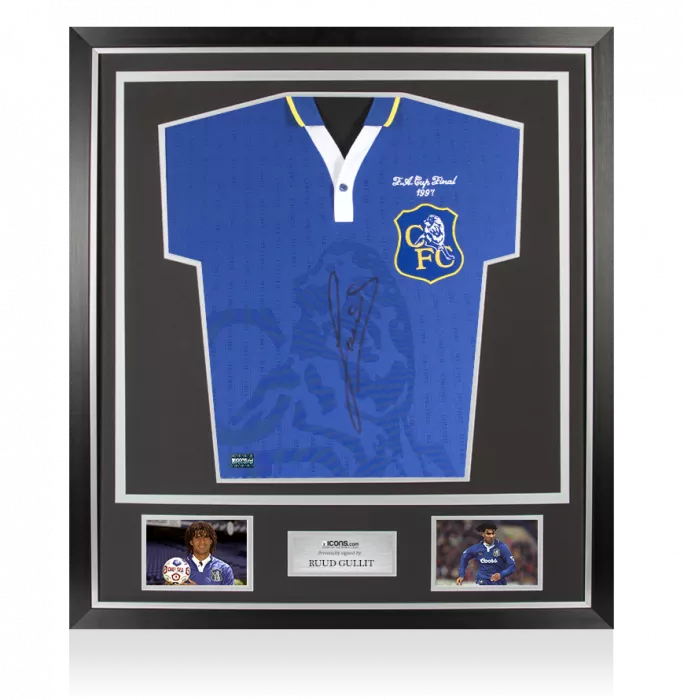 Ruud Gullit Front Signed Retro Chelsea Home Shirt: 1997 FA Cup Final Edition In Classic Frame