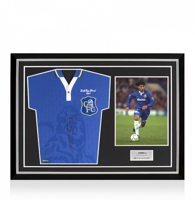 Ruud Gullit Front Signed Retro Chelsea Home Shirt: 1997 FA Cup Final Edition Home Shirt In Hero Frame: Option 1