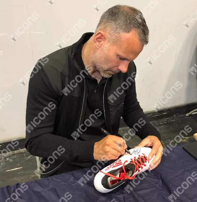 Ryan Giggs Signed White And Red Adidas X Boot In Acrylic Case