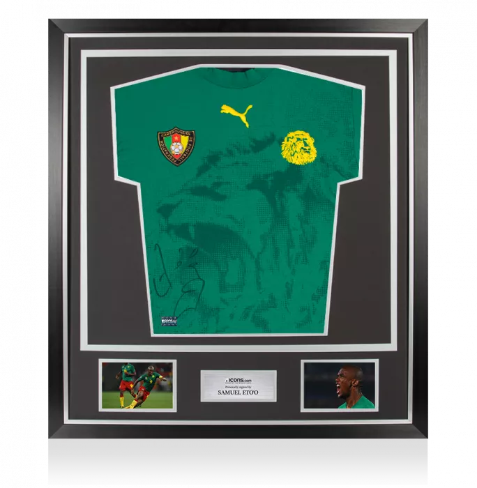 Samuel Eto’o Front Signed Cameroon 2006-08 Home Shirt: Signed On The Side In Classic Frame