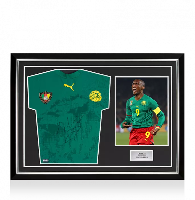 Samuel Eto’o Front Signed Cameroon 2006-08 Home Shirt In Hero Frame: Option 1