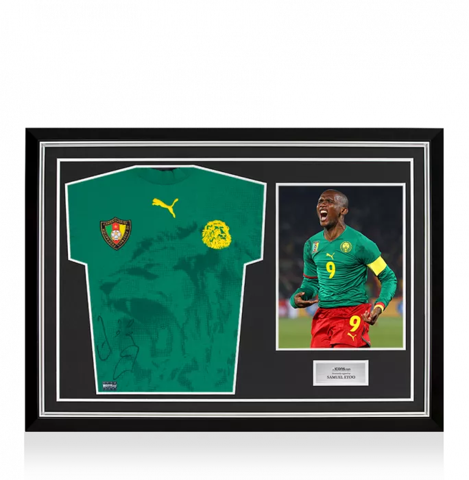 Samuel Eto’o Front Signed Cameroon 2006-08 Home Shirt: Signed On The Side In Hero Frame: Option 1