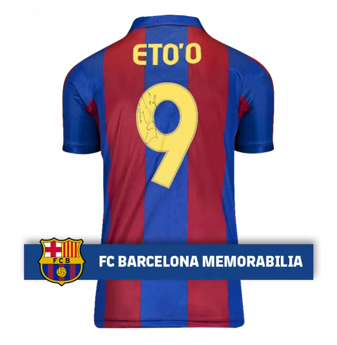 Samuel Eto’o Official FC Barcelona Back Signed And Framed Retro Home Shirt
