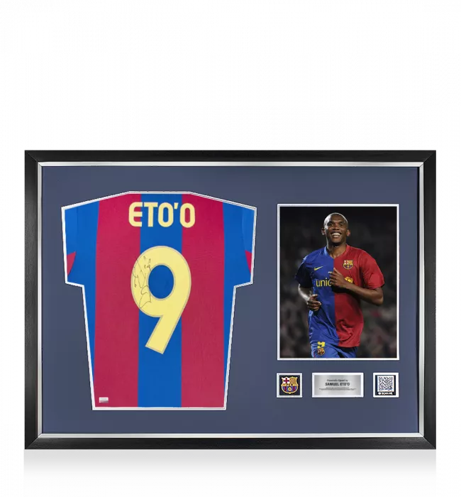 Samuel Eto’o Official FC Barcelona Back Signed and Framed Retro Home Shirt