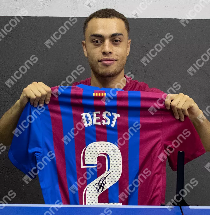 Sergino Dest Official FC Barcelona Back Signed And Framed 2021-22 Home Shirt