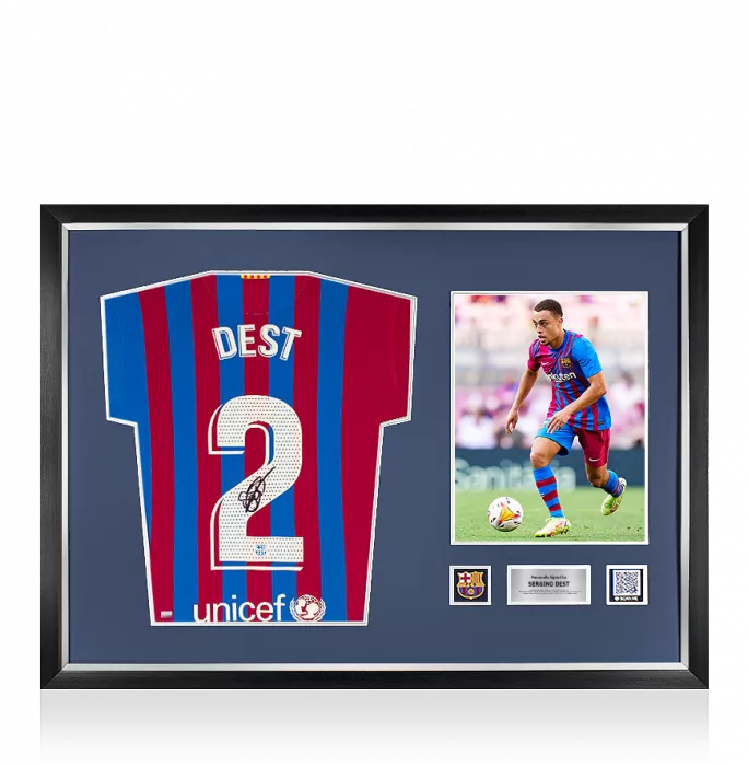 Sergino Dest Official FC Barcelona Back Signed and Framed 2021-22 Home Shirt
