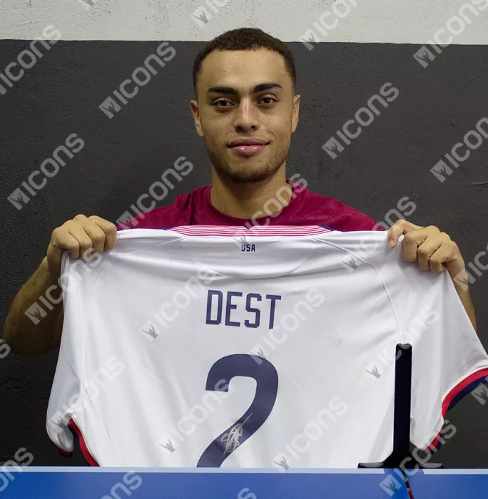 Sergino Dest Official FIFA World Cup™ Back Signed And Hero Framed USMNT 2020-21 Home Shirt With Fan Style Numbers