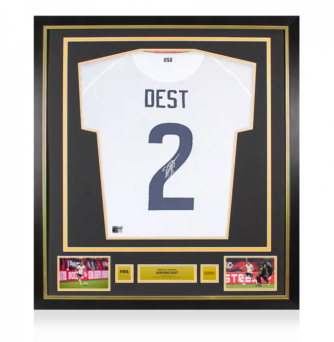 Sergino Dest Official FIFA World Cup™ Back Signed and Framed USMNT 2020-21 Home Shirt with Fan Style Numbers