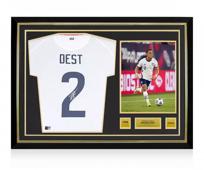 Sergino Dest Official FIFA World Cup™ Back Signed and Hero Framed USMNT 2020-21 Home Shirt with Fan Style Numbers