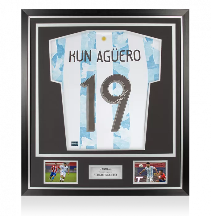 Sergio Aguero Back Signed Argentina 2020-21 Home Shirt In Classic Frame