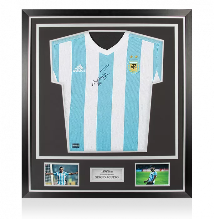 Sergio Aguero Front Signed Argentina 2015-16 Home Shirt In Classic Frame