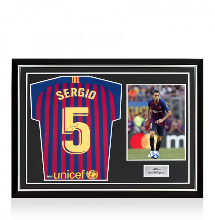 Sergio Busquets Back Signed FC Barcelona 2018-19 Home Shirt With Fan Style Number In Hero Frame: Option 1