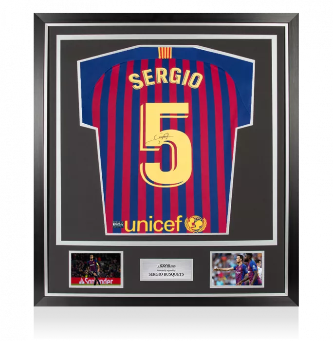 Sergio Busquets Back Signed FC Barcelona 2018-19 Home Shirt With Fan Style Number In Classic Frame