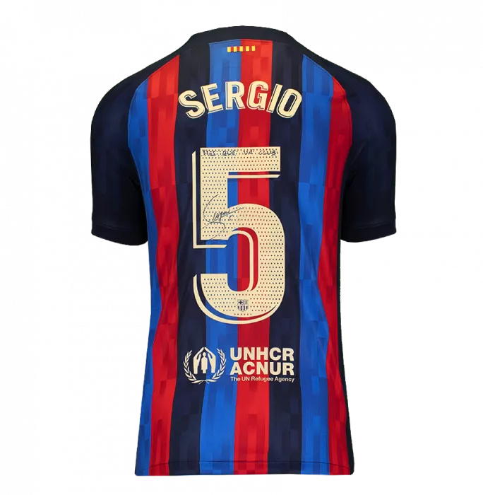 Sergio Busquets Back Signed FC Barcelona 2022-23 Home Shirt - "Mes Que Un Club" Inscription In Classic Frame
