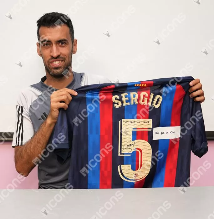 Sergio Busquets Back Signed FC Barcelona 2022-23 Home Shirt - "Mes Que Un Club" Inscription In Classic Frame