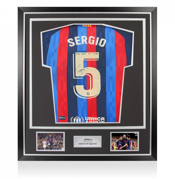 Sergio Busquets Back Signed FC Barcelona 2022-23 Home Shirt - "Mes Que Un Club" Inscription In Classic Frame