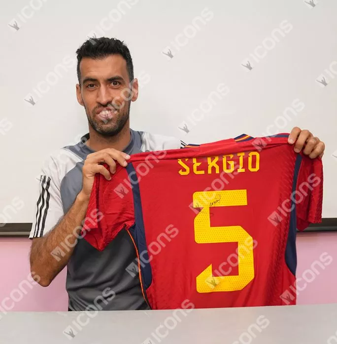 Sergio Busquets Back Signed Spain 2022-23 Home Shirt In Deluxe Packaging