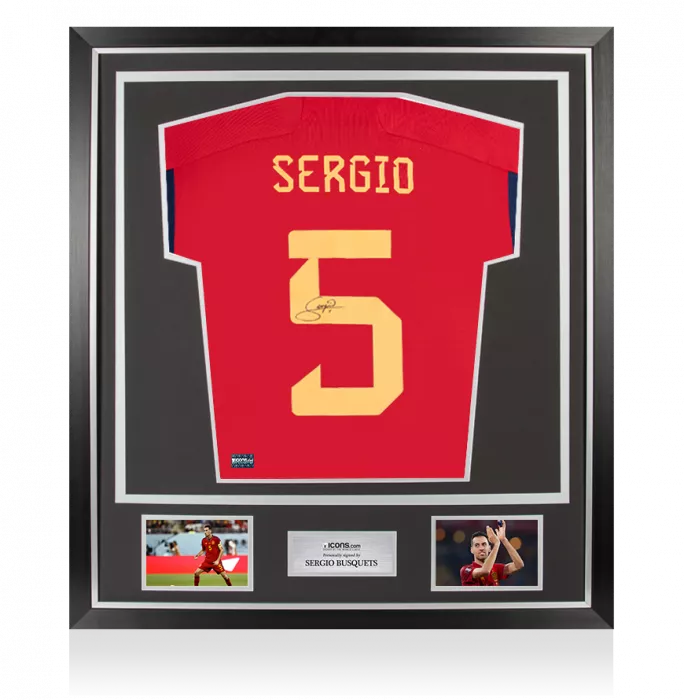 Sergio Busquets Back Signed Spain 2022-23 Home Shirt With Fan Style Number In Classic Frame