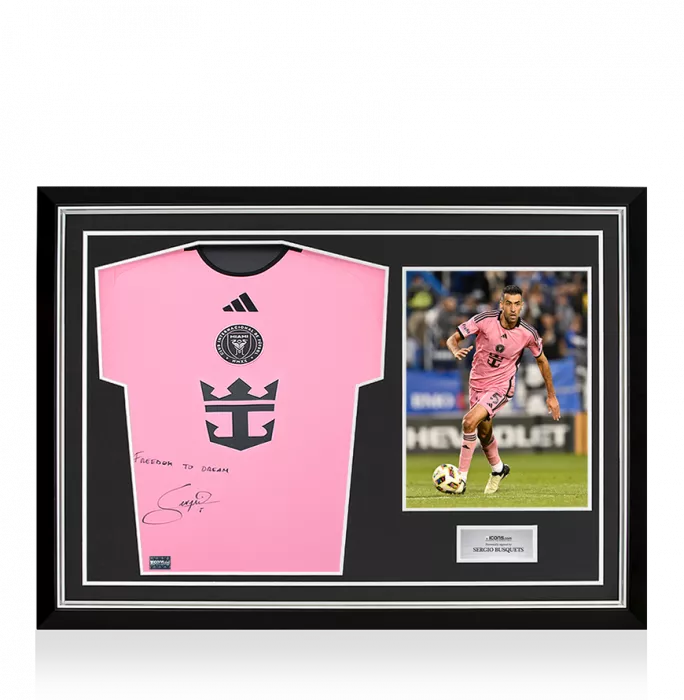 Sergio Busquets Front Signed Inter Miami CF 2024-25 Home Shirt - "Freedom To Dream" Inscription In Hero Frame: Option 1