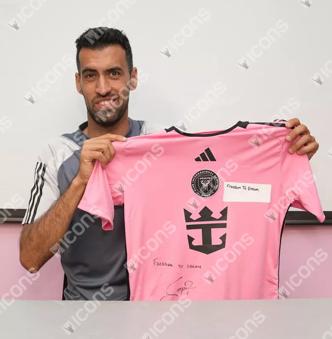 Sergio Busquets Front Signed Inter Miami CF 2024-25 Home Shirt - "Freedom To Dream" Inscription In Classic Frame
