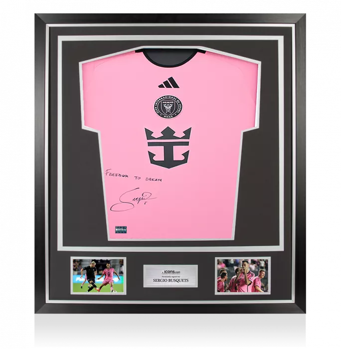 Sergio Busquets Front Signed Inter Miami CF 2024-25 Home Shirt - "Freedom To Dream" Inscription In Classic Frame