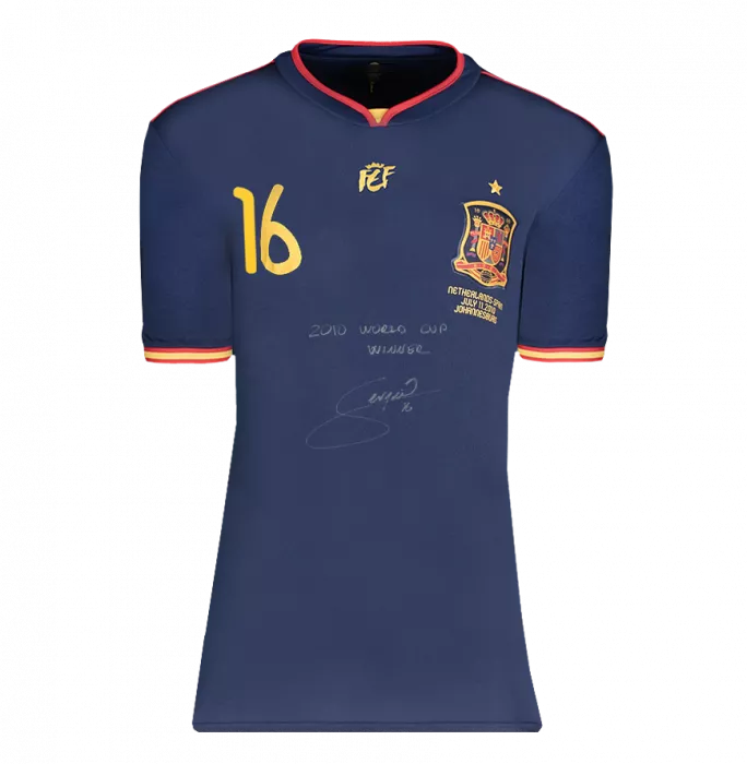 Sergio Busquets Front Signed Spain 2010 Away Shirt - "2010 World Cup Winner" Inscription In Hero Frame: Option 1