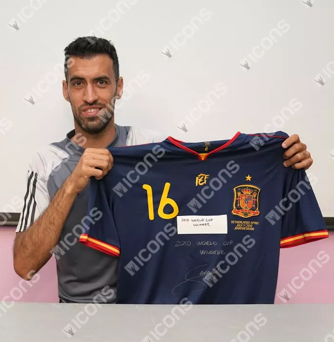 Sergio Busquets Front Signed Spain 2010 Away Shirt - "2010 World Cup Winner" Inscription In Hero Frame: Option 1