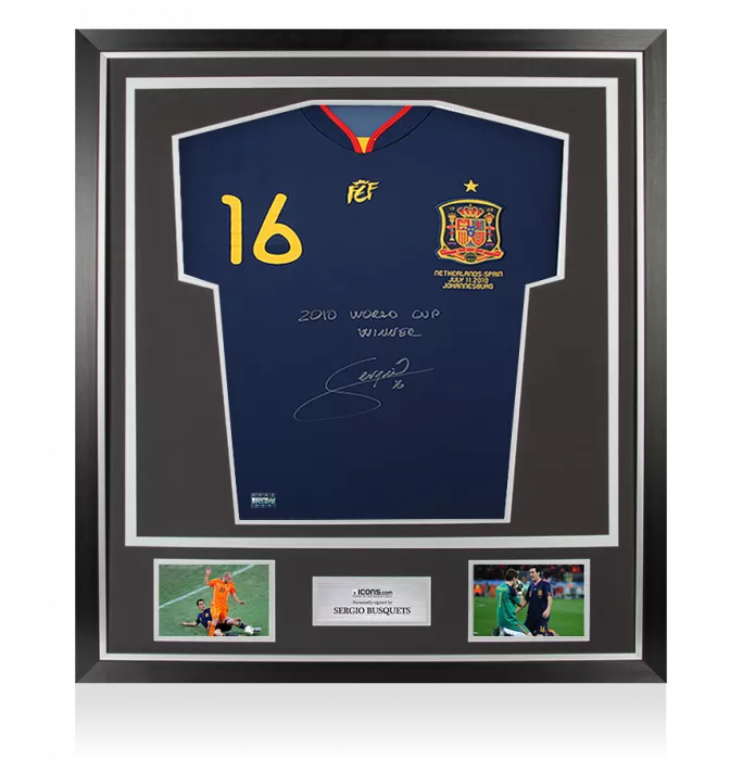 Sergio Busquets Front Signed Spain 2010 Away Shirt - "2010 World Cup Winner" Inscription In Classic Frame