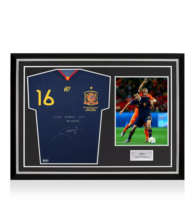 Sergio Busquets Front Signed Spain 2010 Away Shirt - "2010 World Cup Winner" Inscription In Hero Frame: Option 1