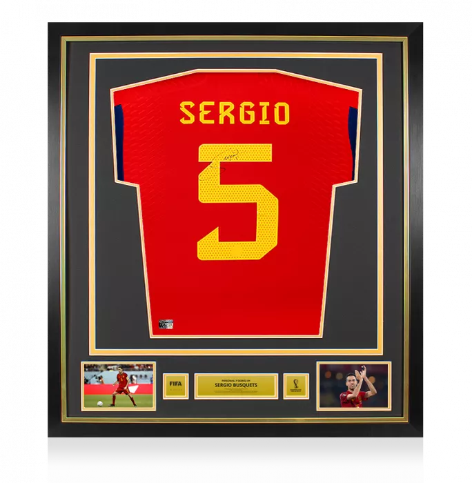 Sergio Busquets Official 2022 FIFA World Cup™ Back Signed and Framed Spain 2022-23 Home Shirt