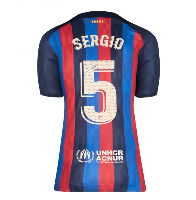 Sergio Busquets Official UEFA Champions League Back Signed And Framed FC Barcelona 2022-23 Home Shirt