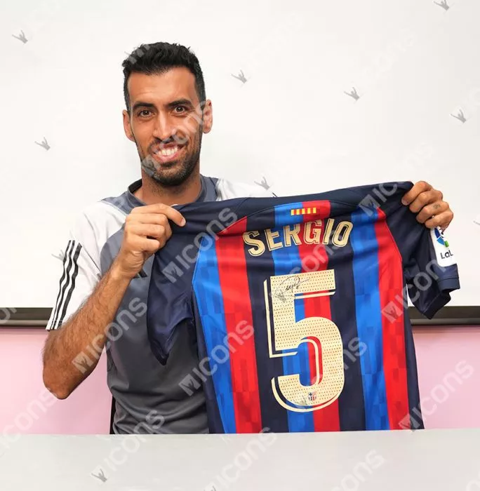 Sergio Busquets Official UEFA Champions League Back Signed And Framed FC Barcelona 2022-23 Home Shirt