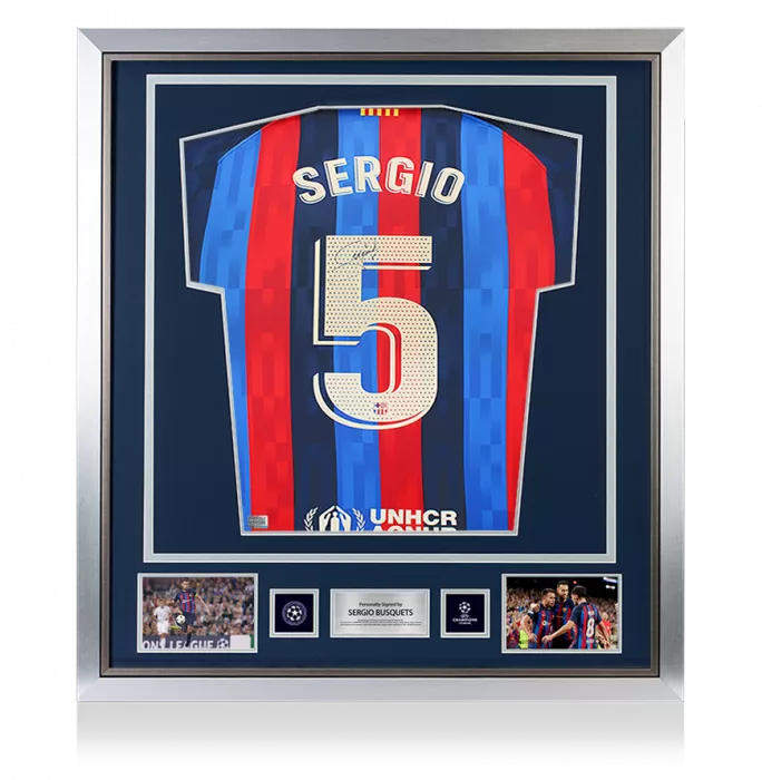 Sergio Busquets Official UEFA Champions League Back Signed and Framed FC Barcelona 2022-23 Home Shirt