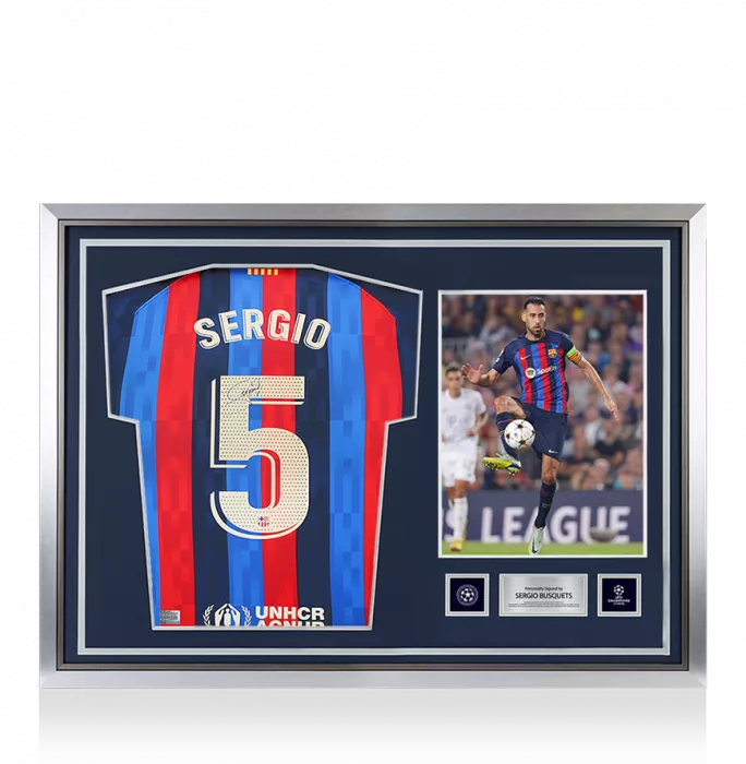 Sergio Busquets Official UEFA Champions League Back Signed and Hero Framed FC Barcelona 2022-23 Home Shirt
