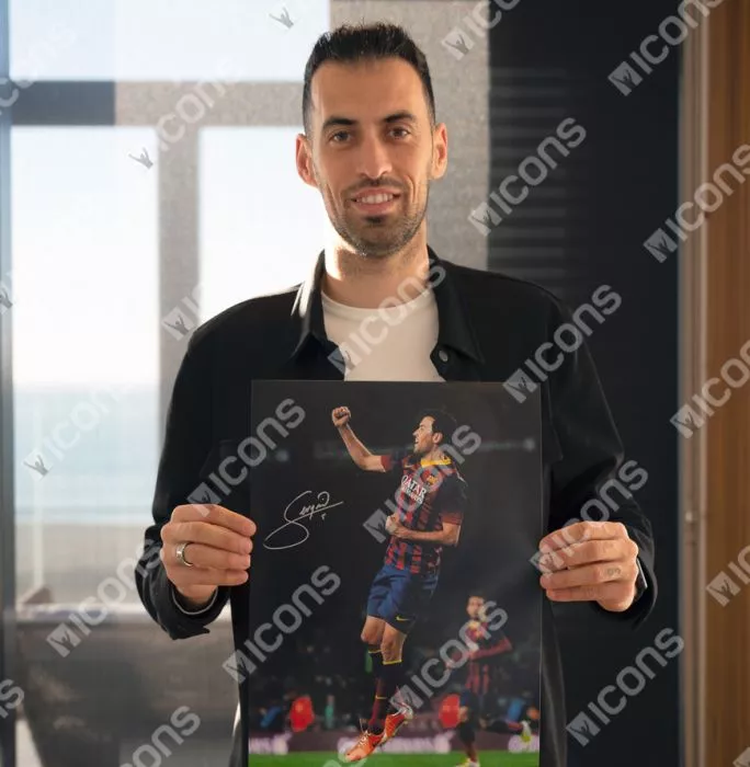 Sergio Busquets Signed FC Barcelona Photo In Black Wooden Frame: Camp Nou Legend
