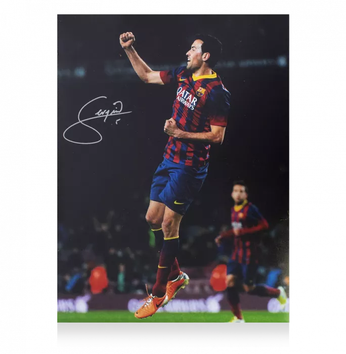 Sergio Busquets Signed FC Barcelona Photo In Black Wooden Frame: Camp Nou Legend