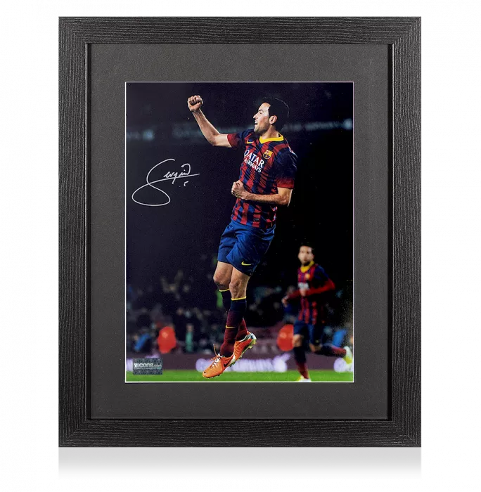 Sergio Busquets Signed FC Barcelona Photo In Black Wooden Frame: Camp Nou Legend
