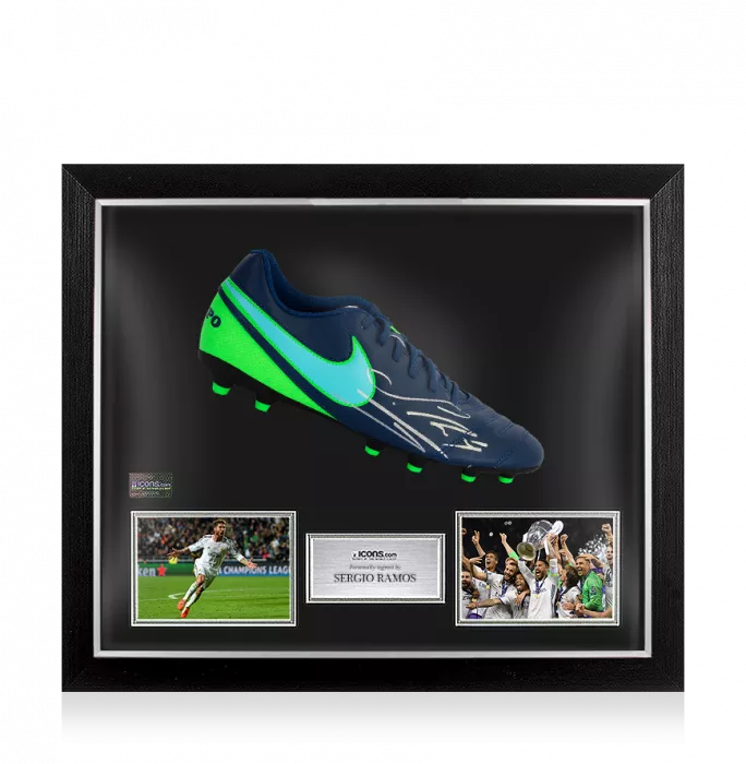 Sergio Ramos Signed Blue And Lime Green Nike Tiempo Boot In Bubble Frame: Option 1