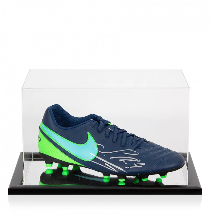 Sergio Ramos Signed Blue and Lime Green Nike Tiempo Boot In Acrylic Case
