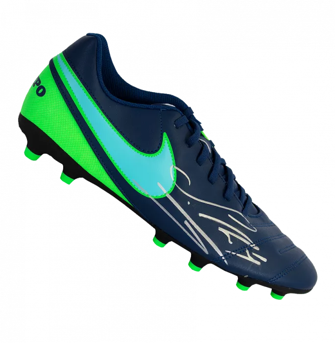 Sergio Ramos Signed Blue and Lime Green Nike Tiempo Boot