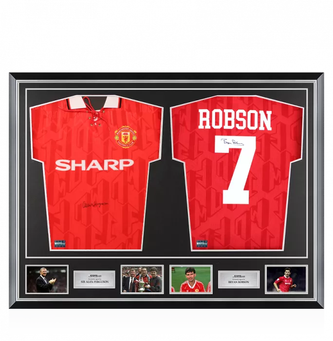 Sir Alex Ferguson & Bryan Robson Signed Manchester United Shirts In Classic Dual Frame