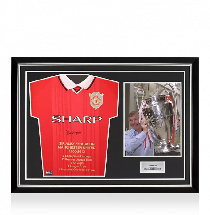 Sir Alex Ferguson Front Signed Manchester United 1999 UEFA Champions League Home Shirt In Hero Frame: Option 1 - Stats Edition