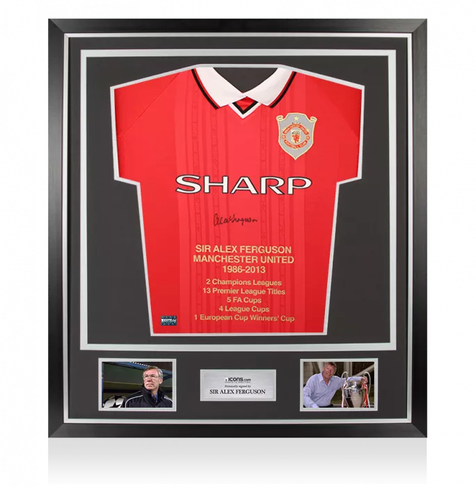 Sir Alex Ferguson Front Signed Manchester United 1999 UEFA Champions League Home Shirt In Classic Frame - Stats Edition
